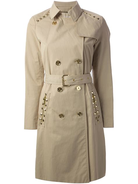 michael kors tan gold studded long raincoat|Michael Kors belted padded jacket.